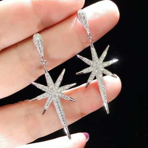 NEW Silver Diamond North Star Drop Earrings - Picture 1 of 9